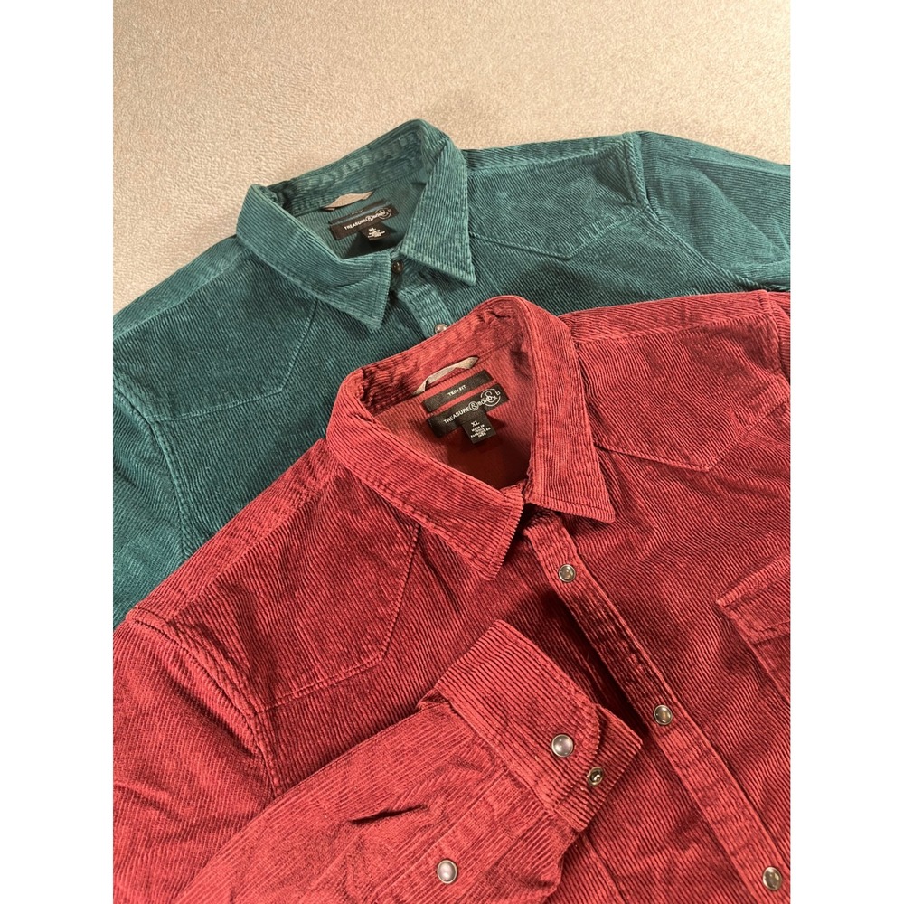 Lot of 2 Treasure & Bond Mens XL Slim Fit Corduroy Western Snap Shirts Red Green
